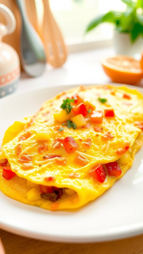 Quick and Easy Air Fryer Omelette Recipe A fluffy air fryer omelette filled with bell peppers and cheese, garnished with herbs, on a white plate in a bright kitchen.